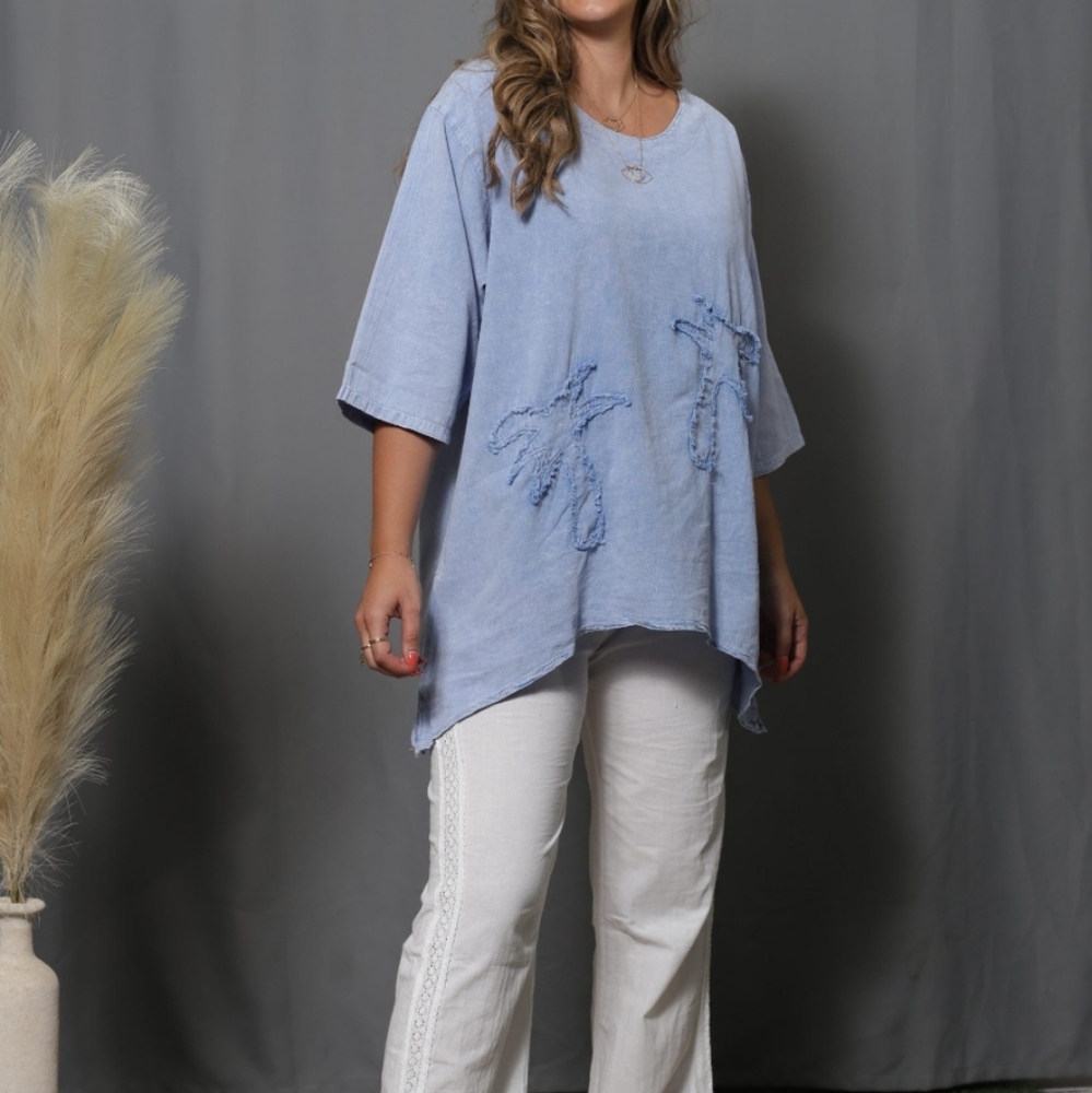 Giocam Blusa Palm Top Light Jean Oversized Boho Lagenlook Size Large